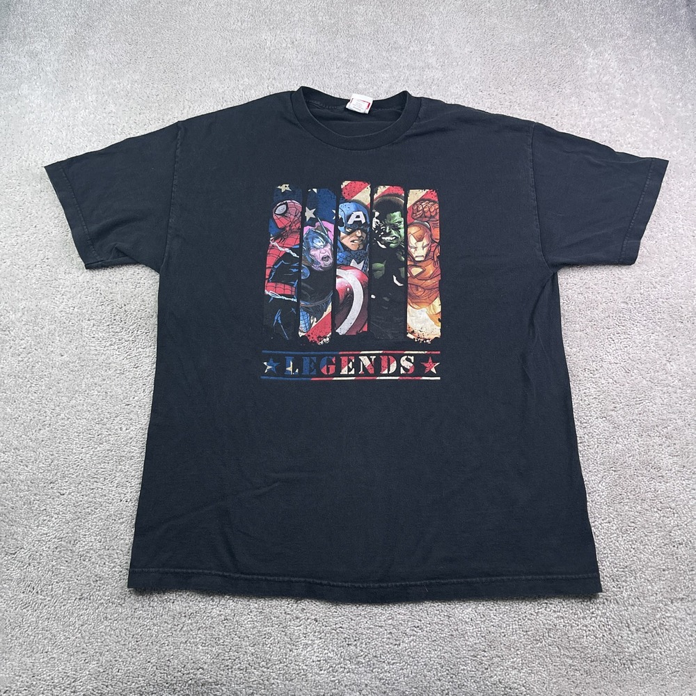 Marvel Avengers Shirt Mens XL Black Legends Graphic Tee Spiderman Hulk Iron Man